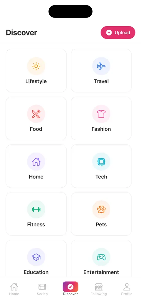 Discover screen — browse by category (Lifestyle, Travel, Food, Fashion, Home, Tech, Fitness, Pets, Education, Entertainment)