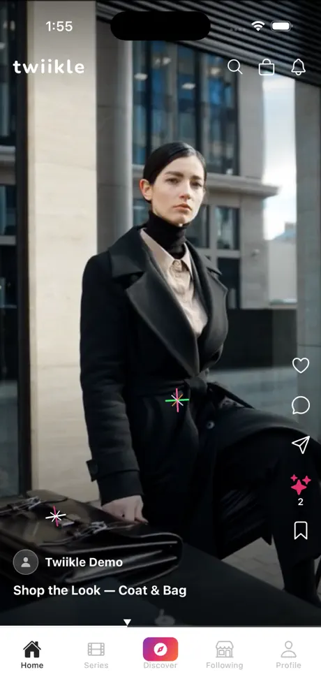 Home feed — short-form video with twiikle product tag overlay